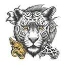 red dead redemption 2 with a lions head above the sabre tooth cats head.. Black sabre tooth pussycat wearing a lions hea tattoo design idea