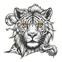 red dead redemption 2 with a lions head above the sabre tooth cats head.. Black sabre tooth pussycat wearing a lions hea tattoo design idea
