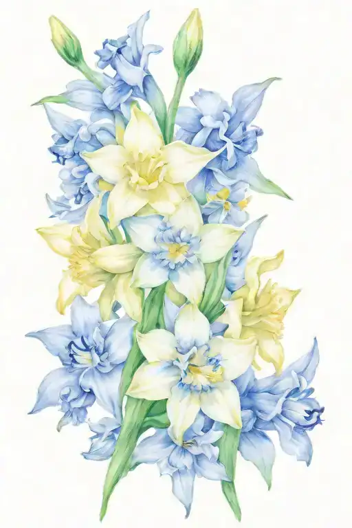 daffodil and larkspur bouquet tattoo design idea