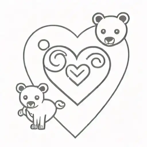basic minimalist black and white couple’s tattoo of a heart shaped candy with an outline of a tiny bear head in center tattoo design idea