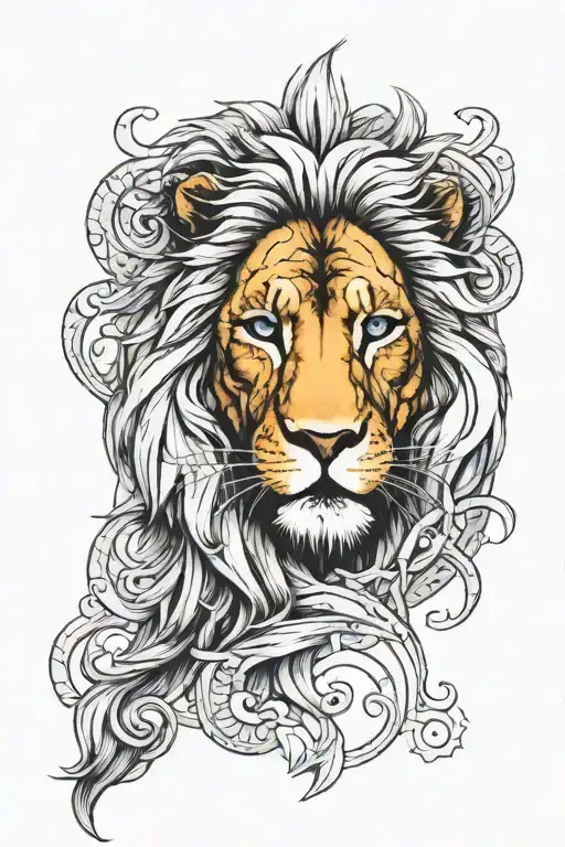 lion head with blue eyes on a roman numeral scale tattoo design idea