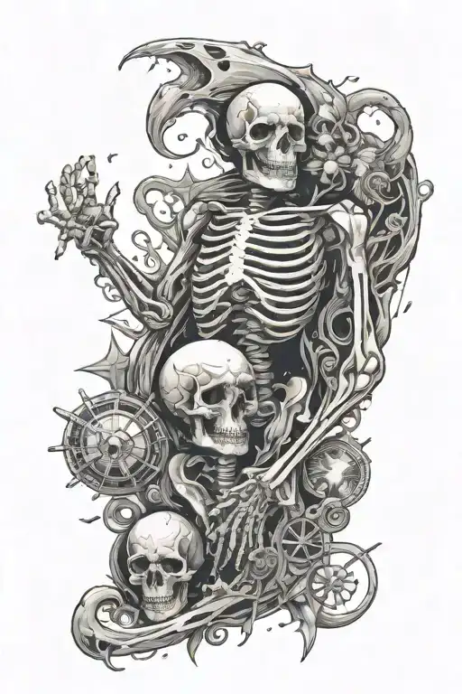 sleeve with space background and sea creatures and a skeleton  tattoo design idea