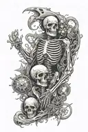 sleeve with space background and sea creatures and a skeleton  tattoo design idea