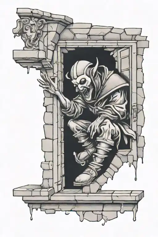 jester crying in a window of a crumbling tower tattoo on calf tattoo design idea