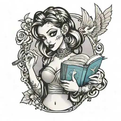 harley who holding an open book where the disney princesses appear tattoo design idea