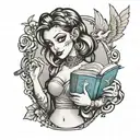 harley who holding an open book where the disney princesses appear tattoo design idea