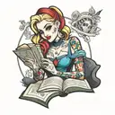 harley who holding an open book where the disney princesses appear tattoo design idea