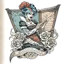 harley who holding an open book where the disney princesses appear tattoo design idea