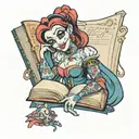 harley who holding an open book where the disney princesses appear tattoo design idea