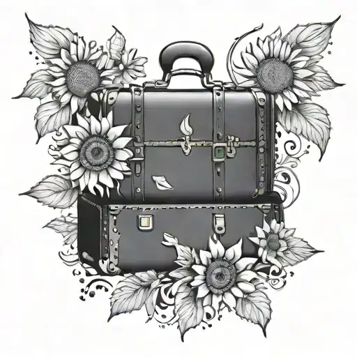 A dotwork tattoo of a vintage suitcase with sunflower patterns, symbolizing the client's desire to always be on the move and explore new horizons tattoo design idea
