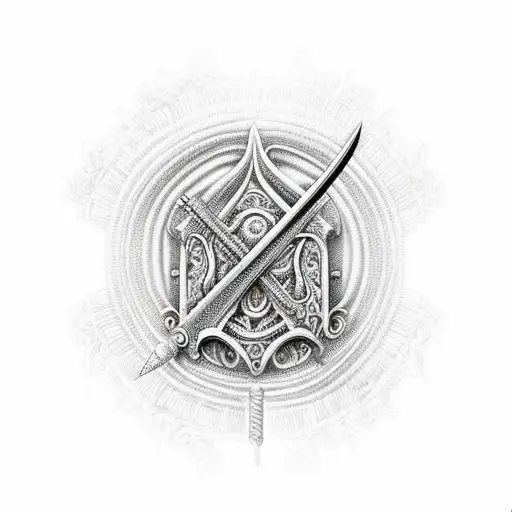 A detailed and intricate design of the sword Narsil with El Señor de los Anillos written in elegant script underneath tattoo design idea