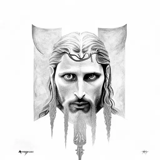 A black-grey portrait of Aragorn wielding ESPADA NARSIL, capturing his noble and heroic spirit tattoo design idea