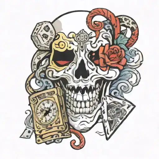  smile and cry later mask, 1 dice and 6 dice set, Phoenix with a clock tattoo design idea