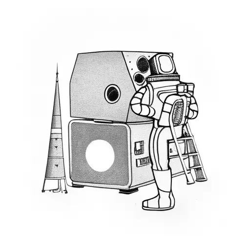 Astronaut sitting on top of a vintage radio, tuning into the sounds of the universe tattoo design idea