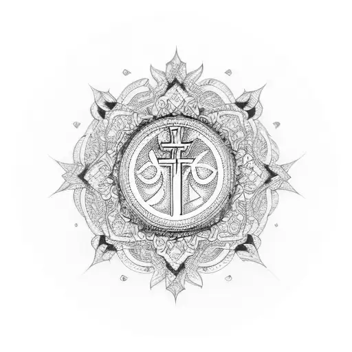A blackwork tattoo of a weight plate with religious symbols engraved on it tattoo design idea