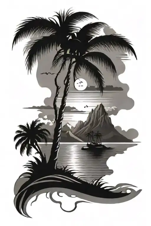 palm tree mountain ocean scene tattoo design idea