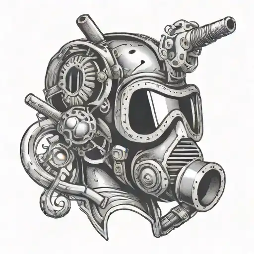 A black-grey tattoo of a welder's mask with intricate gun designs incorporated into the design tattoo design idea
