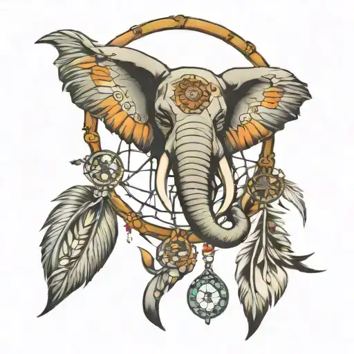 elephant key dreamcatcher tattoo design idea