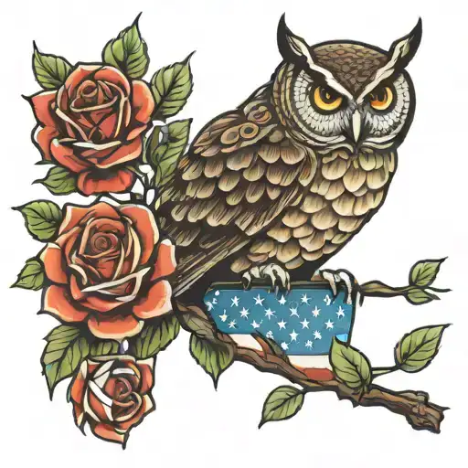 Owl, Tortoise, Roses, American Flag tattoo design idea