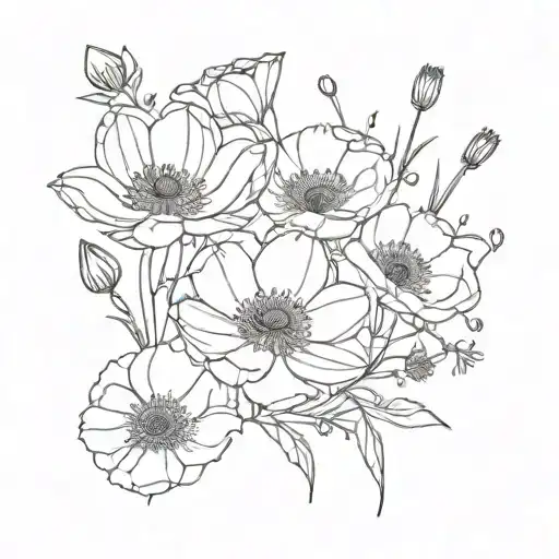 Water lilly, Poppy, Morning Glory and Cosmos Bouquet Black and White tattoo design idea