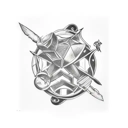 An unfolding of a black and white tattoo from the sleeve to the elbow. Contains characters from RPG video games (Dark So tattoo design idea