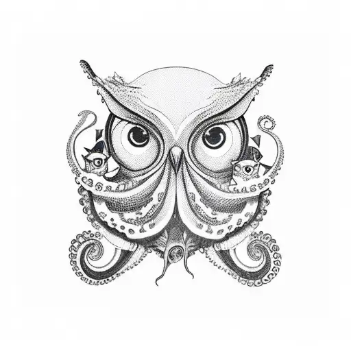 sleeve with octopus, goose, owl and fox tattoo design idea