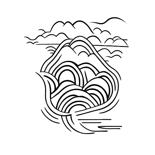 nature based minimal tattoo, with waves, mountains, tattoo design idea