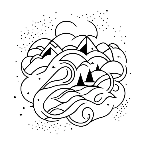 nature based minimal tattoo, with waves, mountains, stars tattoo design idea