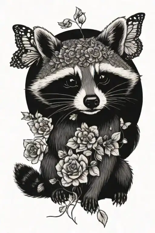 siting racoon with butterfly flying and flowers blooming tattoo design idea