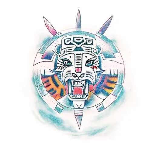 A Mayan Jaguar Warrior playing basketball with a machine generated ball tattoo design idea