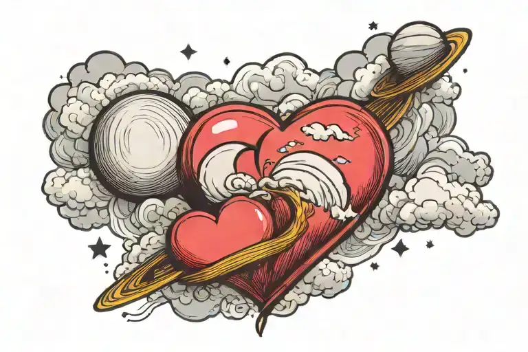 two clouds with a crescent moon and Saturn on opposite sides with a heart shaped balloon floating in between the clouds  tattoo design idea