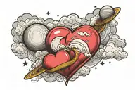two clouds with a crescent moon and Saturn on opposite sides with a heart shaped balloon floating in between the clouds  tattoo design idea