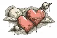 two clouds with a crescent moon and Saturn on opposite sides with a heart shaped balloon floating in between the clouds  tattoo design idea