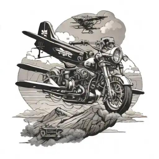 black and white forarm tattoo of harley davidson motorcycle on great american mountain landscape with flying biplane tattoo design idea