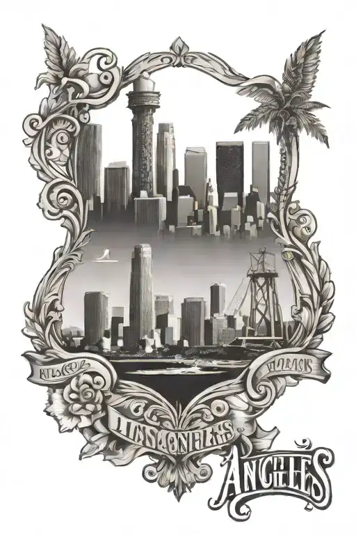 los Angeles skyline with hour glass tattoo design idea