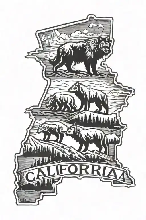 California state outline filled Los angles with wolf pack tattoo design idea