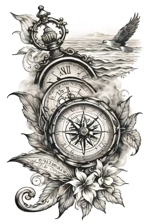 clock and compass California coast line tattoo tattoo design idea