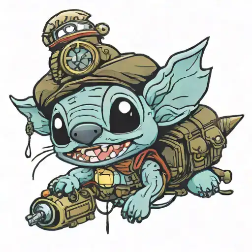 Stitch in paratrooper beret with grenade and dark humor  tattoo design idea