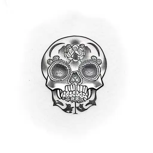A narco-themed tattoo featuring a skull surrounded by money bags in a dotwork style tattoo design idea