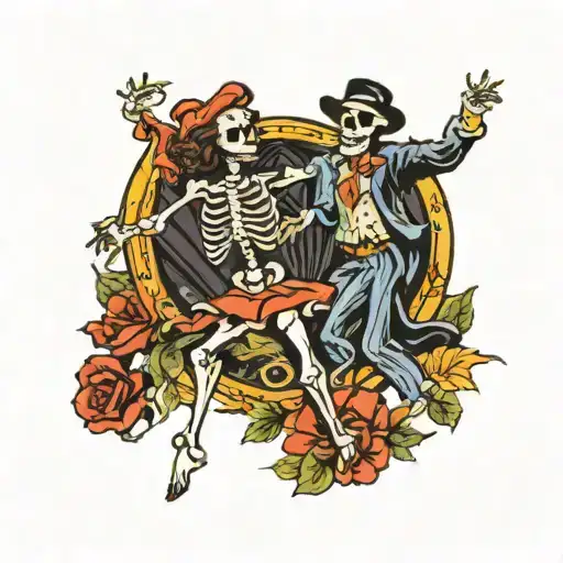 a skeleton dancing with a woman tattoo design idea