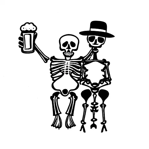 an skelleton holding a beer sitting next to his human child friend tattoo design idea