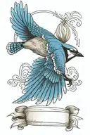 blue jay flying, city, ribbon wrapped tattoo design idea