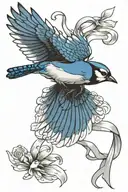 blue jay flying, city, ribbon wrapped tattoo design idea