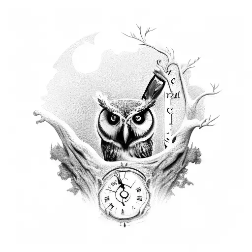 An owl sits in a hollow tree and holds an old clock in its teeth, on which the time is 19:09 tattoo design idea