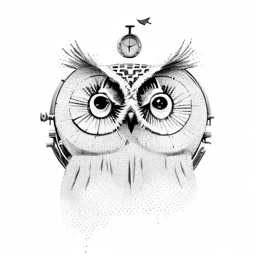 An owl sits in a hollow tree and holds an old clock in its teeth, on which the time is 19:09 tattoo design idea
