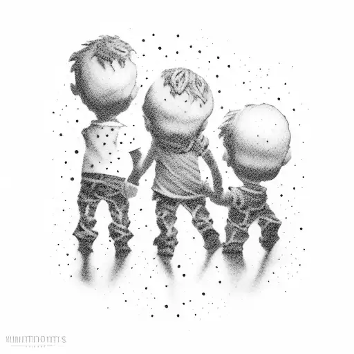 the silhouettes of three little boys holding hands and their names tattoo design idea