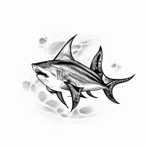 goldfish with sharkfin surounded by sharks tattoo design idea