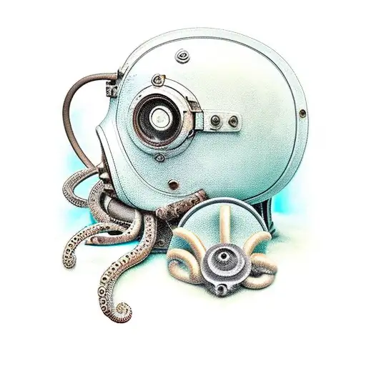 old diving helmet surrounded by an octupus tattoo design idea