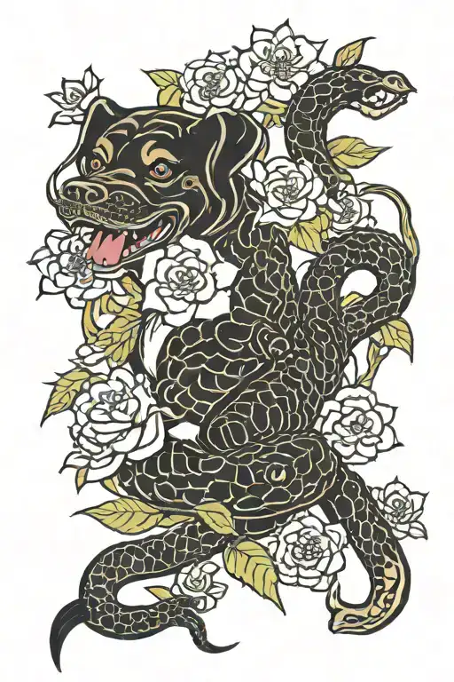 Dog flower, snake, and norigae tattoo design idea
