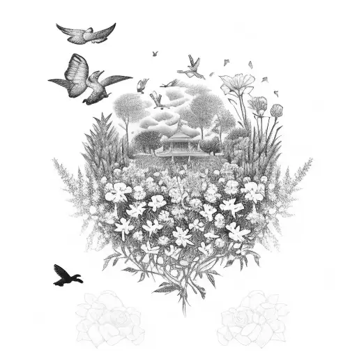 A majestic garden scene with a variety of flowers and plants intertwined with a silhouette of a grandfather playing with his grandchildren, surrounded by birds flying overhead tattoo design idea